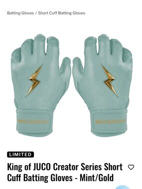 Bruce Bolt King of JUCO Creator Series Short Cuff Batting Gloves - Mint/Gold